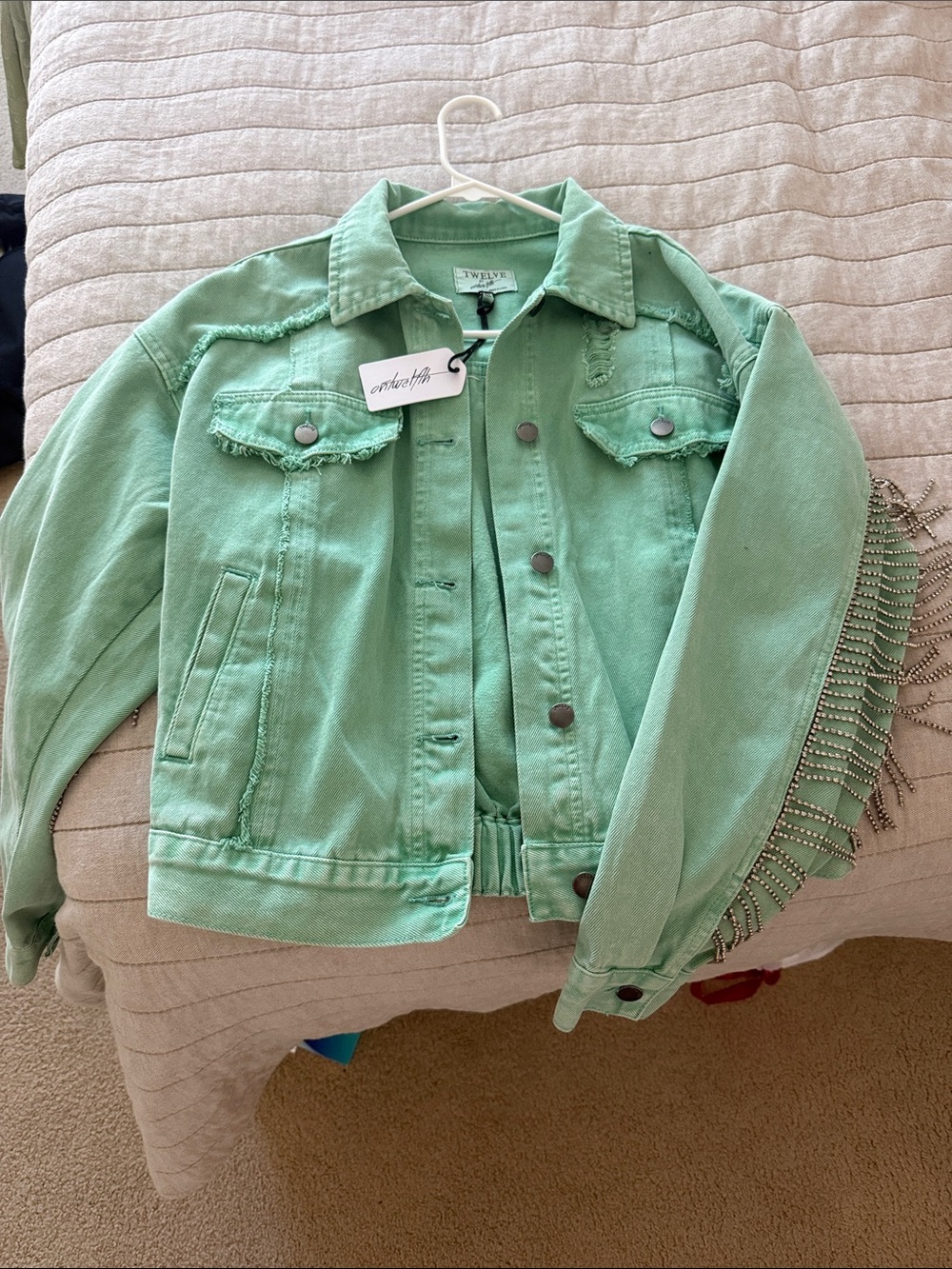 Windsor Mint Green Denim Jacket with Fringe Sleeve